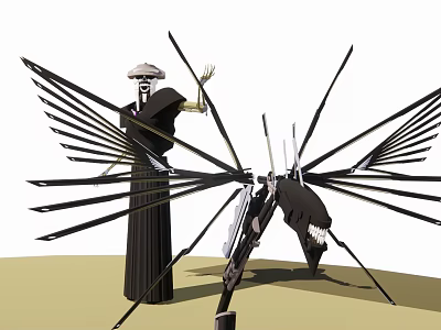 Mysterious Game Movie Character Wearing Black Robe And Hat With Mechanical Wings And Kneeling Figure 3d model
