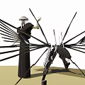Mysterious Game Movie Character Wearing Black Robe And Hat With Mechanical Wings And Kneeling Figure