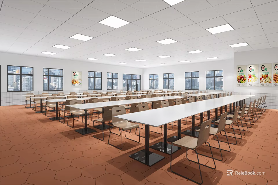 Spacious Cafeteria Interior With Long Tables Chairs White Ceiling Windows And Red Hexagonal Floor Tiles 3d model
