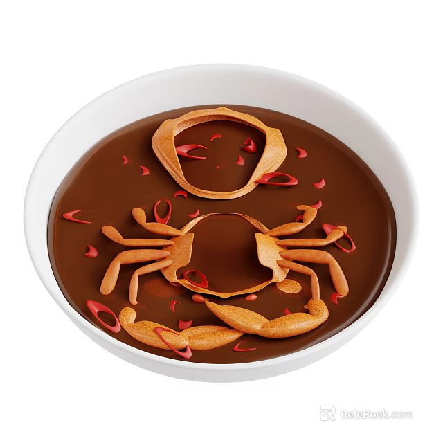 White Bowl With Brown Liquid And Crab Shaped Decorations Topped With Red Flakes 3d model 