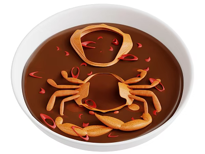 White Bowl With Brown Liquid And Crab Shaped Decorations Topped With Red Flakes 3d model