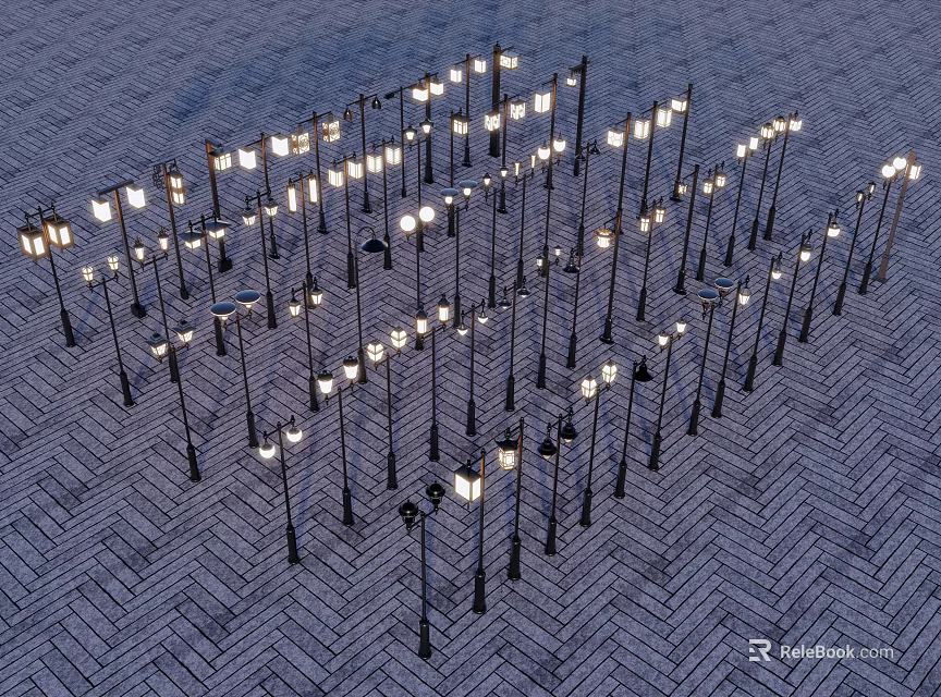 Bright Outdoor Lights Arranged On Herringbone Brick Pavement For Outdoor Lighting 3d model 