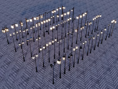 Bright Outdoor Lights Arranged On Herringbone Brick Pavement For Outdoor Lighting 3d model