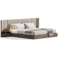 Modern Double Bed with Upholstered Headboard Wooden Frame Matching Nightstand Soft Pillows and Cozy Blanket