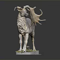 Detailed Animal Statue Featuring Large Horns Mossy Base And Realistic Fur Texture