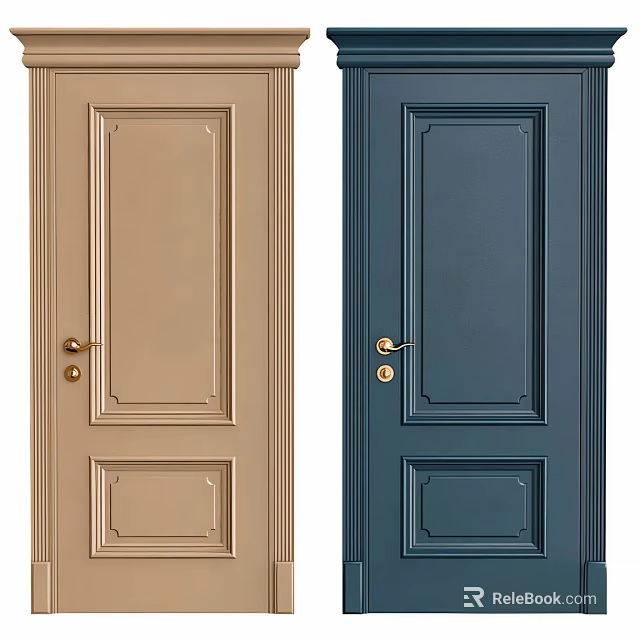 Stylish Beige And Navy Blue Hinged Doors With Paneled Design And Gold Handles 3d model 
