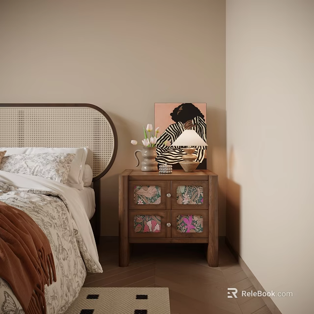 Wooden Nightstand with Floral Pattern Drawers Table Lamp Vase with Tulips and Artwork in Bedroom 3d model 