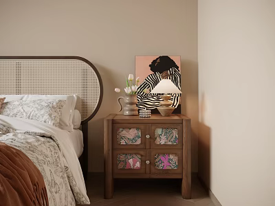 Wooden Nightstand with Floral Pattern Drawers Table Lamp Vase with Tulips and Artwork in Bedroom 3d model