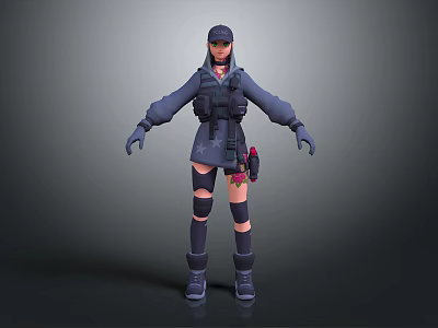 Tactical Woman In Dark Colored Outfit With Hat Gloves Boots And Waist Gear 3d model