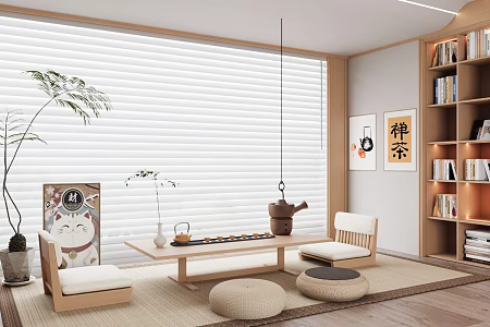 New Chinese Tatami Tea Room Tea Tasting Area Balcony Tea Room Tea House Room Tatami Tea Table and Chair Combination Tea Cabinet Tea Set Tea Tray Storage Cabinet Potted Plant 3d model