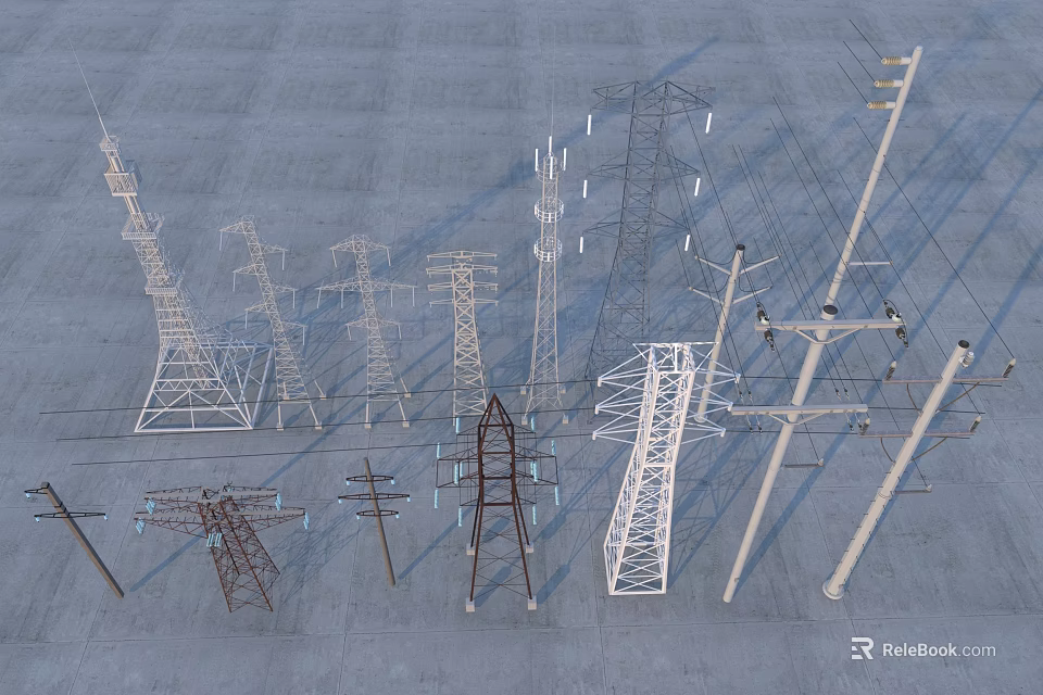 Industrial Electricity Transmission Towers And Utility Poles For Power Distribution Systems 3d model 