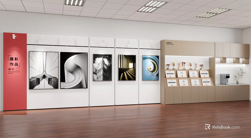 Modern Exhibition Wall With Display Panels Artwork Prints And Display Cabinets 3d model 