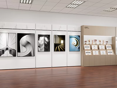 Modern Exhibition Wall With Display Panels Artwork Prints And Display Cabinets 3d model