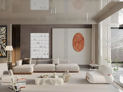 Modern Living Room Interior With Large Sofa Decorative Painting And Floor To Ceiling Windows 3d model