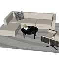 Beige L shaped Sofa With Geometric Pattern Cushion And Round Black Marble Coffee Table Set 3d model