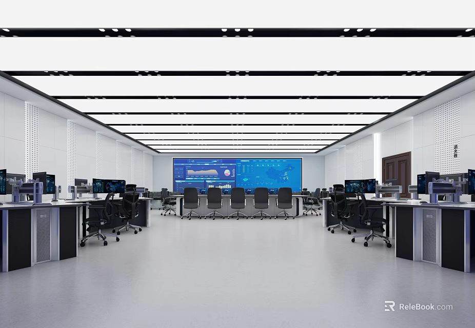 Modern Monitoring Room Interior With Control Desks Computers And Large Display Screen 3d model 