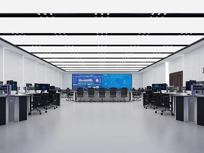 Modern Monitoring Room Interior With Control Desks Computers And Large Display Screen 3d model