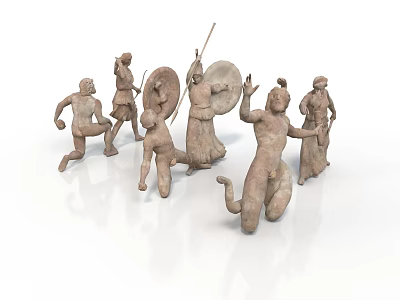 Ancient Terracotta Sculpture Carving with Diverse Human Figures Holding Weapons Running and Dynamic Poses 3d model