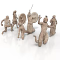 Ancient Terracotta Sculpture Carving with Diverse Human Figures Holding Weapons Running and Dynamic Poses