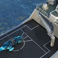Modern Warship 998 with Red Flag Sailing on the Blue Sea