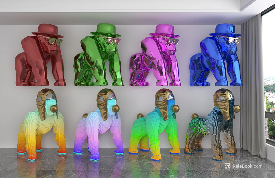 Colorful Animal Sculptures Including Gorilla And Dog With Hats And Masks In Vibrant Hues 3d model 