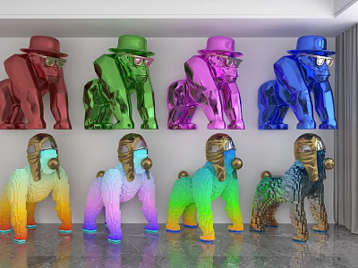 Colorful Animal Sculptures Including Gorilla And Dog With Hats And Masks In Vibrant Hues 3d model