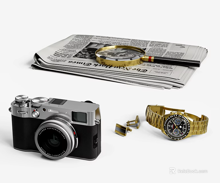 Daily Life Essentials Featuring Newspaper Magnifying Glass Fountain Pen Camera Wristwatch And Cufflinks 3d model 