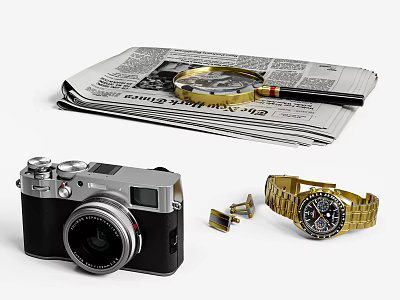 Daily Life Essentials Featuring Newspaper Magnifying Glass Fountain Pen Camera Wristwatch And Cufflinks 3d model