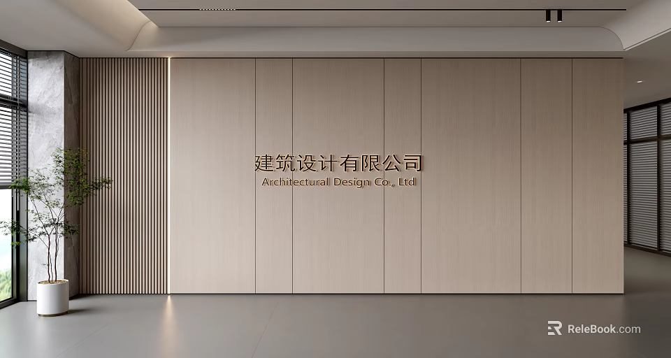 Modern Office Background Wall With Light Wood Panels Displaying Architectural Design Company Logo 3d model 