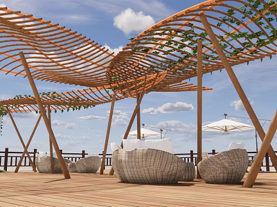 Wooden Pergola With Climbing Vines And Wicker Seats On Outdoor Terrace 3d model