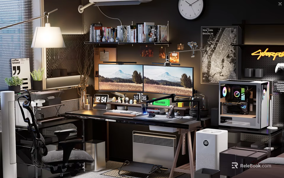 Modern Entertainment Room Interior With Dual Monitors Computer Setup And Ergonomic Gaming Chair 3d model 