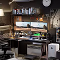Modern Entertainment Room Interior With Dual Monitors Computer Setup And Ergonomic Gaming Chair