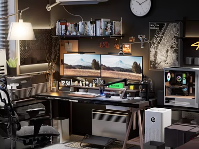 Modern Entertainment Room Interior With Dual Monitors Computer Setup And Ergonomic Gaming Chair 3d model