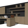 Modern Office Desk Setup With Wooden Cabinets Shelves Laptop Desk Lamp And Potted Plant