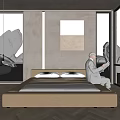 Modern Beige Double Bed In Bedroom With Two Pillows Chandelier And Large Windows
