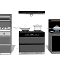 Modern Kitchen Appliances Featuring Stoves Range Hoods And Cooking Pots 3d model