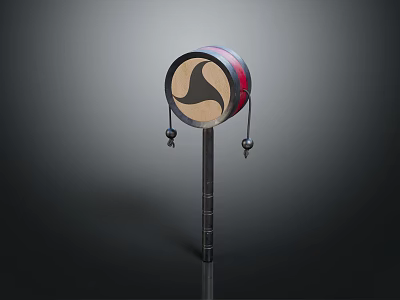 Traditional Circular Hand Drum With Black Pattern Red Blue Decoration And Long Handle 3d model
