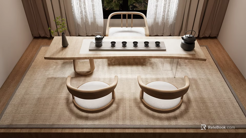 Minimalist Tea Table And Chairs Interior With Wooden Frame Ceramic Teacups Potted Plant And Curtains 3d model 