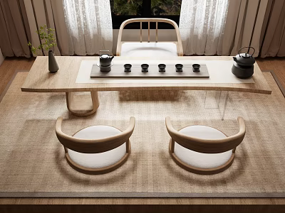 Minimalist Tea Table And Chairs Interior With Wooden Frame Ceramic Teacups Potted Plant And Curtains 3d model