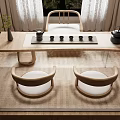 Minimalist Tea Table And Chairs Interior With Wooden Frame Ceramic Teacups Potted Plant And Curtains