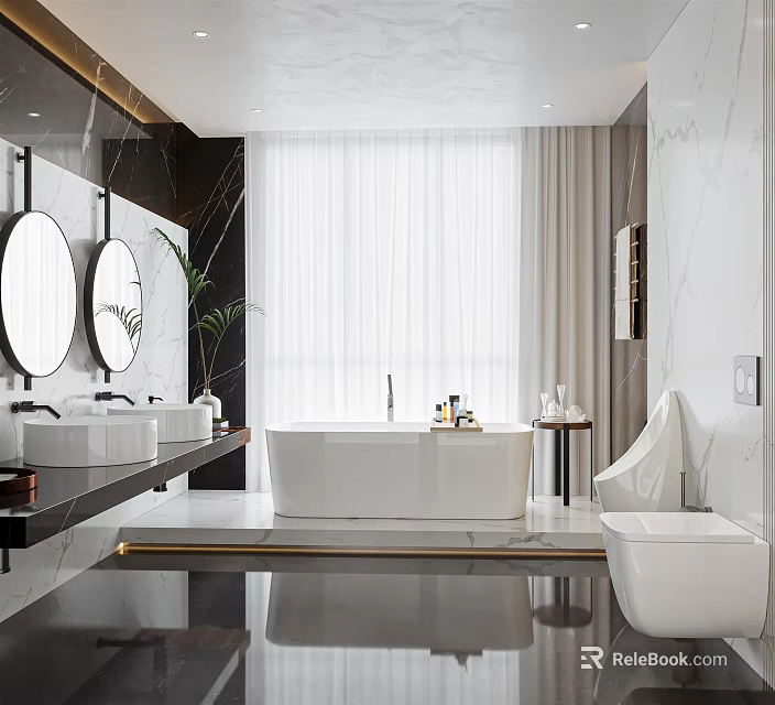 Modern Bathroom Interior Design With Double Sinks Round Mirrors Freestanding Bathtub And Marble Walls 3d model 