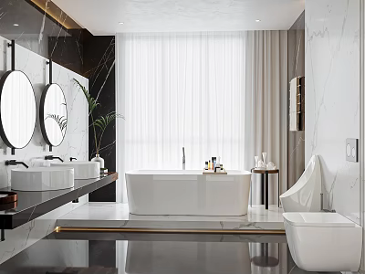 Modern Bathroom Interior Design With Double Sinks Round Mirrors Freestanding Bathtub And Marble Walls 3d model