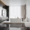 Modern Bathroom Interior Design With Double Sinks Round Mirrors Freestanding Bathtub And Marble Walls