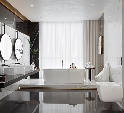 Modern Bathroom Interior Design With Double Sinks Round Mirrors Freestanding Bathtub And Marble Walls 3d model