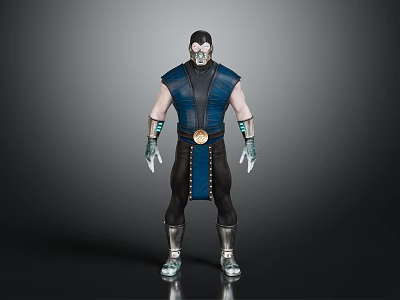 Masked Warrior Character With Blue Sleeveless Outfit Black Pants And Metallic Accessories 3d model