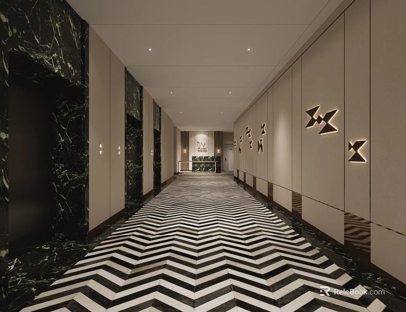 Modern Elevator Corridor With Geometric Pattern Floor Marble Walls And Lights 3d model