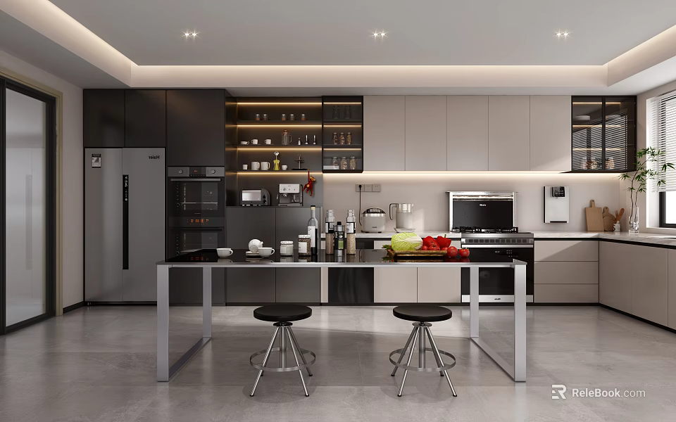 Modern Kitchen Interior Design With Island Counter Bar Stools Cabinets And Built in Appliances 3d model 