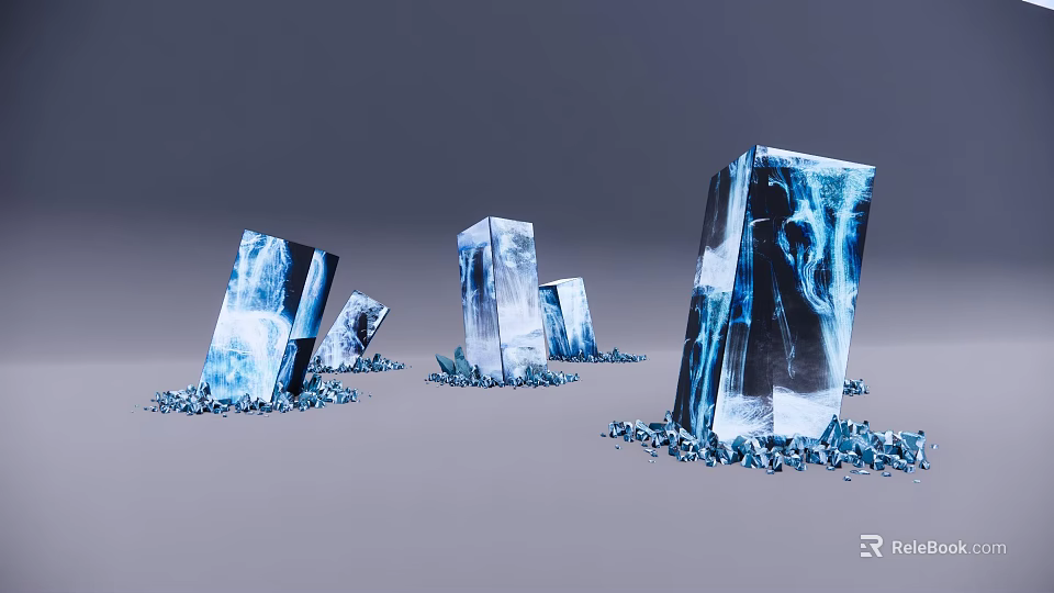 Blue Transparent Cubes With Crystalline Textures And Surrounding Blue Shards 3d model