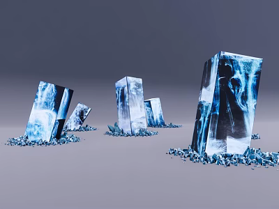 Blue Transparent Cubes With Crystalline Textures And Surrounding Blue Shards 3d model
