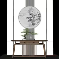 Modern Chinese Style Console Table With Round Ink Painting And Bonsai Plant